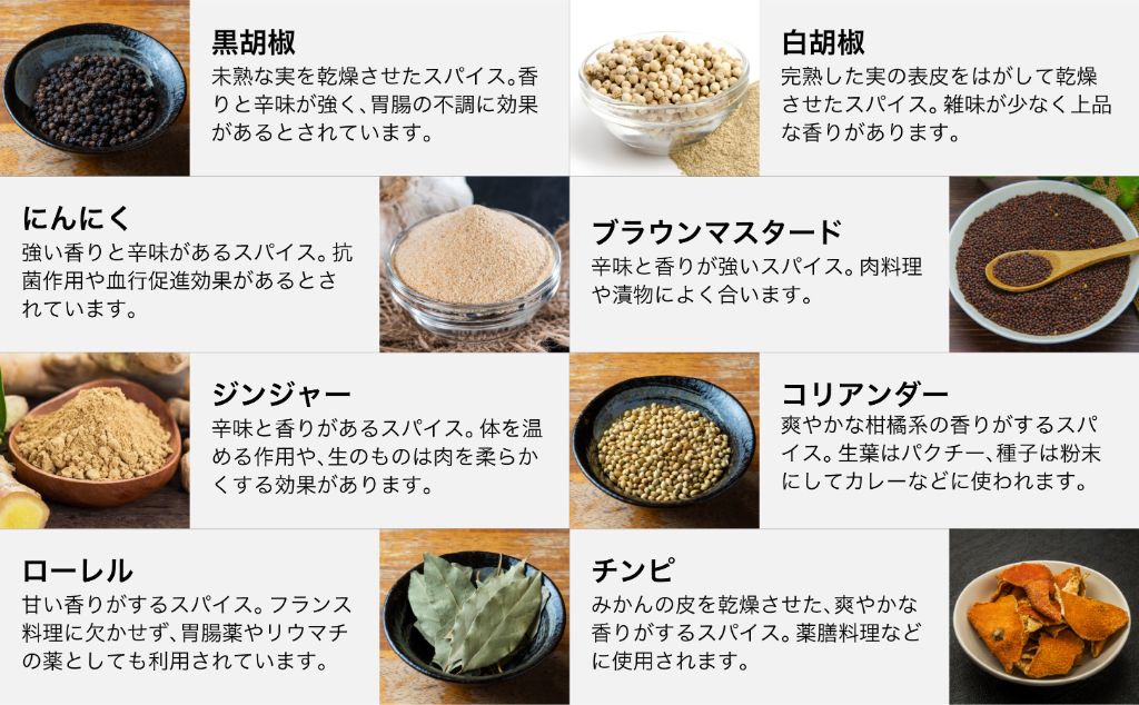 スパイス詳細 - 黒胡椒、白胡椒、にんにく、ブラウンマスタード、ジンジャー、コリアンダー、ローレル、チンピ