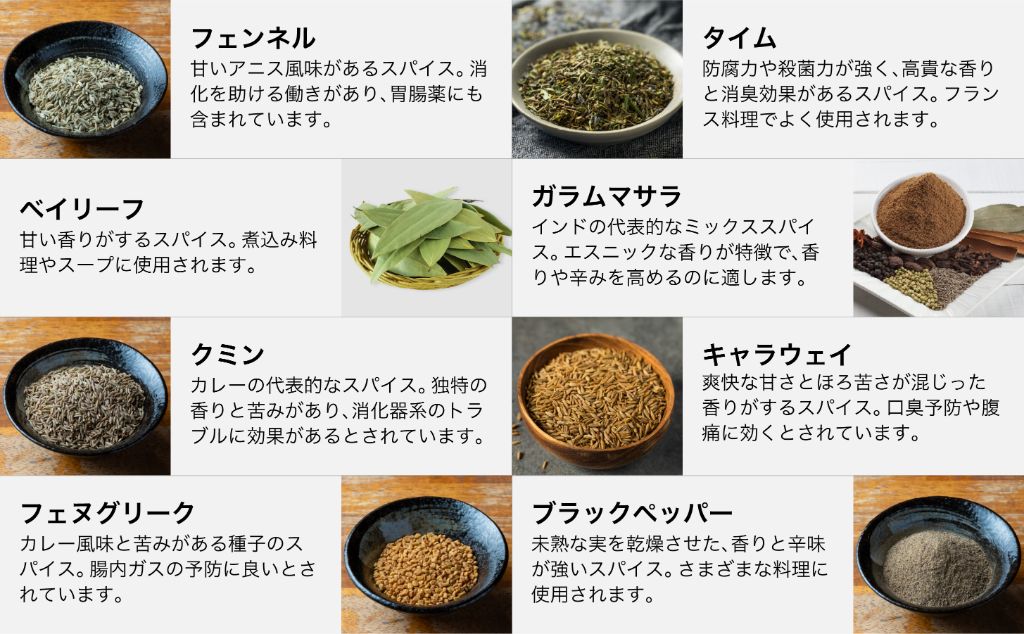 スパイス詳細 - フェンネル、タイム、ベイリーフ、ガラムマサラ、クミン、キャラウェイ、フェヌグリーク、ブラックペッパー
